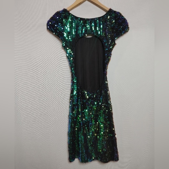 Dress the Population Gabrielle Sequin‎ Mini Dress Open Back Blue Green Purple XS - Picture 3 of 9